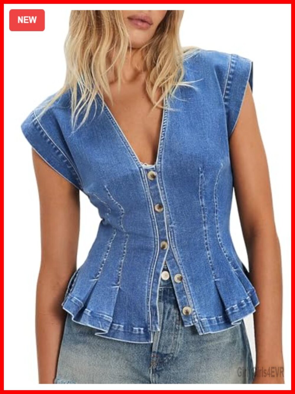 Womens Cropped Denim Vest Pleated Button Down V-Neck Jean Top